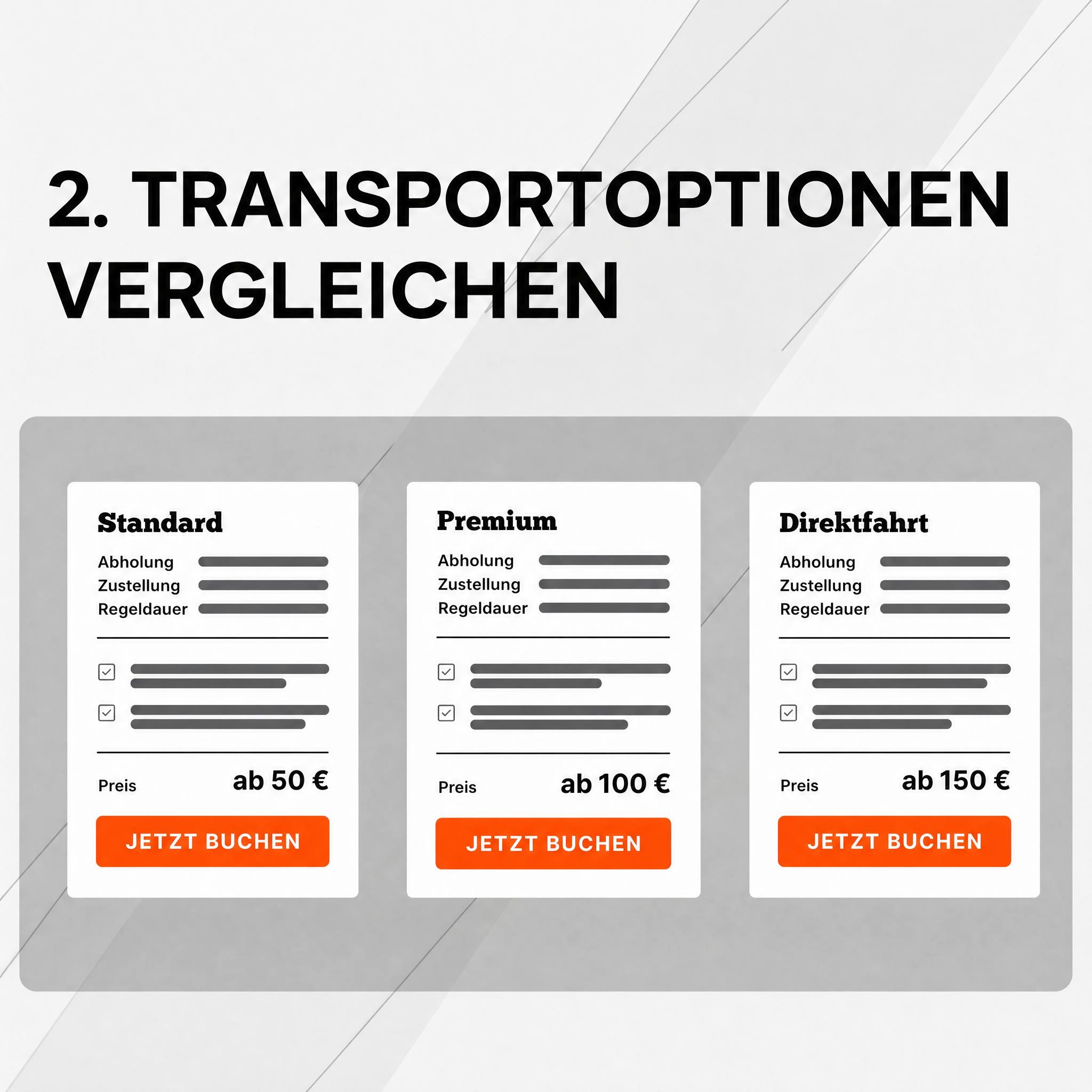Schritt 2: Transportoptionen vergleichen – Standard, Premium oder Direktfahrt